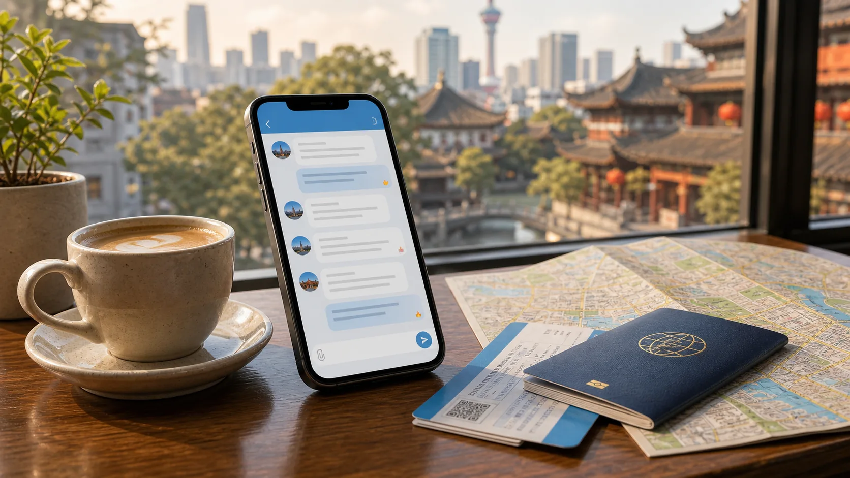 Travel updates on a phone with map and passport